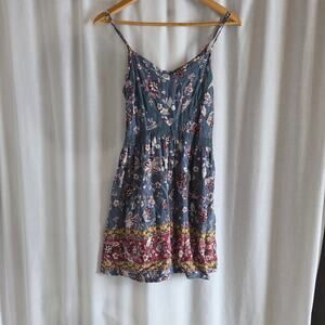 Three Pink Hearts Womens M Gray Blue Floral Sweetheart Bodice Mini Sundress